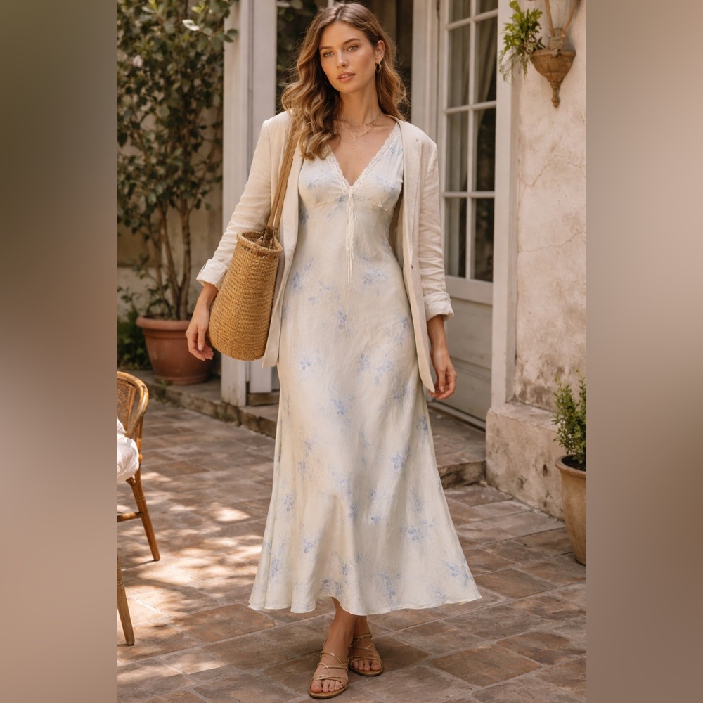 Jones New York Satin Floral Slip Dress / Nightgown | Cream + Blue | Size L/G